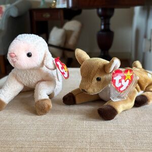 Ty Plush Lamb and Deer Set - Cream and Tan